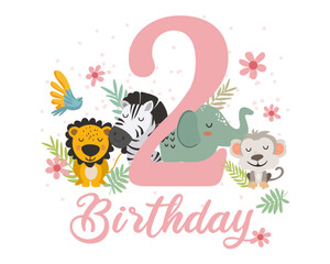Cute Jungle Animals 2nd Birthday Clipart. Vector illistration.