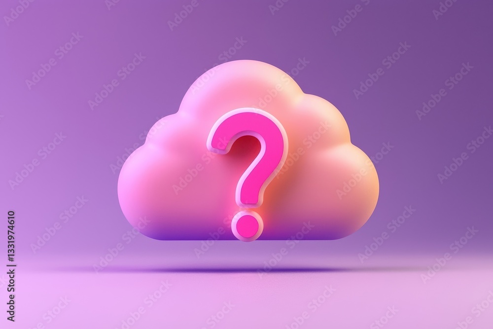 Poster cloud computing symbol with question mark in purple background, curious thinking.