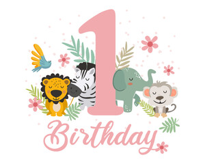 Cute Jungle Animals First Birthday Clipart. Vector illistration.