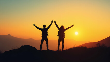 Fototapeta premium Cheering Hiking Couple Silhouette at Sunrise: Symbol of Freedom & Achievement