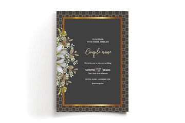 WEDDING INVITATION FRAME WITH FLOWER DECORATIONS AND FRESH LEAVES