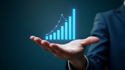 Hand Showcasing Holographic Risk Scalability Icon: Visualizing Risk-Reward Dynamics in Financial Management with Empty Space for Creative Stock Photography