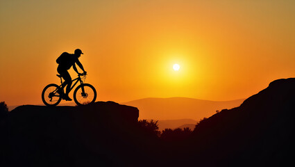 Fototapeta premium Adventure Awaits: Mountain Biker Silhouette at Sunset in Nature