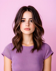 Fototapeta premium Young woman with wavy brown hair and mauve top