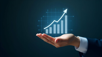 Showcasing Holographic Business Growth: A Hand Presenting Revenue Leadership Symbol Against a Minimalist Background for Effective Visual Marketing