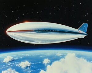 Obraz premium A stunning painting depicts a large, sleek white airplane soaring gracefully above a vibrant blue planet, its surface adorned with swirling clouds and shimmering oceans, evoking a sense of adventure.