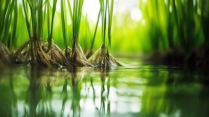 Fototapeta premium Lush green shoots reflecting in tranquil water