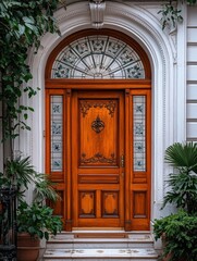 Obraz premium Elegant wooden double doors with ornate glass panels framed by white walls and greenery, refined entrance in bright architectural style, copy space