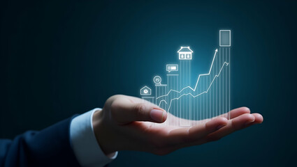 Flat Hand holding holographic franchise growth device showing expanding store icons upward trend graph in empty space concept as Hand holds holographic franchise growth device displaying expanding sto