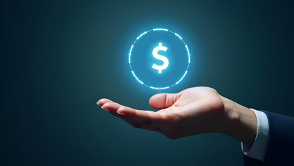 Hand Showcasing Holographic Profit Forecast Icon for Financial Management in Clean Space