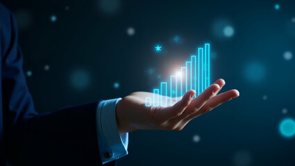Hand interacting with holographic growth stocks visualization in empty space concept as A hand analyzing holographic data on growth stocks highlighting rising stock performances and trends in  Photo S