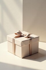 Elegant cream gift box with a delicate beige ribbon, bathed in soft sunlight, creating a serene and minimalist presentation