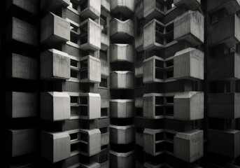 Abstract urban facade with alternating dark and light window panels, creating a sense of organized chaos.