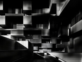 Architectural composition with layered cubic elements, creating an abstract sense of depth and balance.