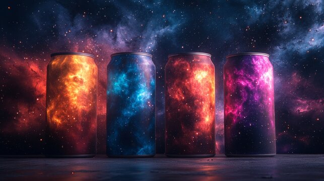 Four cans featuring vivid galaxy designs in orange, blue, purple, and pink stand against a dark starry backdrop, showcasing imaginative artwork inspired by the cosmos.