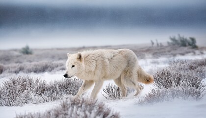 Obraz premium An Arctic wolf, with thick, white fur, silently stalks its prey across the frozen tundra. Snowflakes swirl around, adding to the stark, cold beauty of the icy landscape