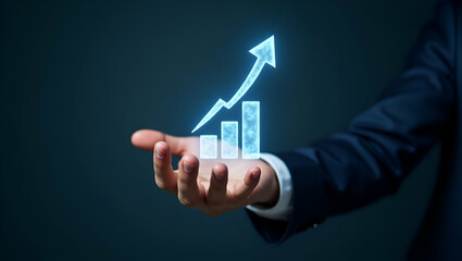 Hand Presenting Holographic Business Growth Efficiency Symbol: Illustrating Expansion Efficiency Against Minimalist Background for Stock Photo Concept