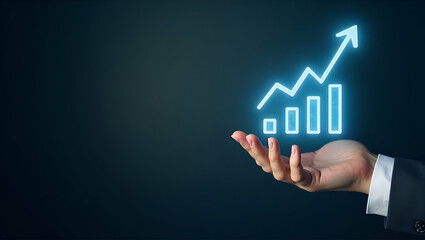 Flat Hand presenting holographic business growth revenue leadership symbol representing revenue leadership in empty space background concept as A hand showcases holographic business growth revenue lea