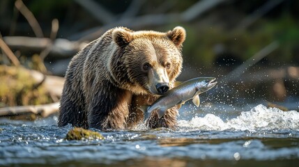 Obraz premium Grizzly Bear Catching Salmon in River