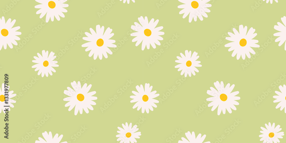 Poster flowers seamless pattern with chamomile in hand drawn style on green background. vector illustration