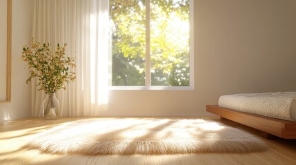 A serene, sunlit room featuring a bed and a vase of flowers, with large windows allowing natural light to flow in.