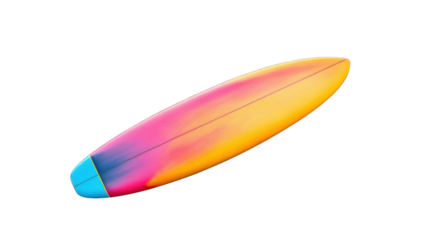 Colorful surfboard isolated on transparent background with pink, orange, and blue gradient