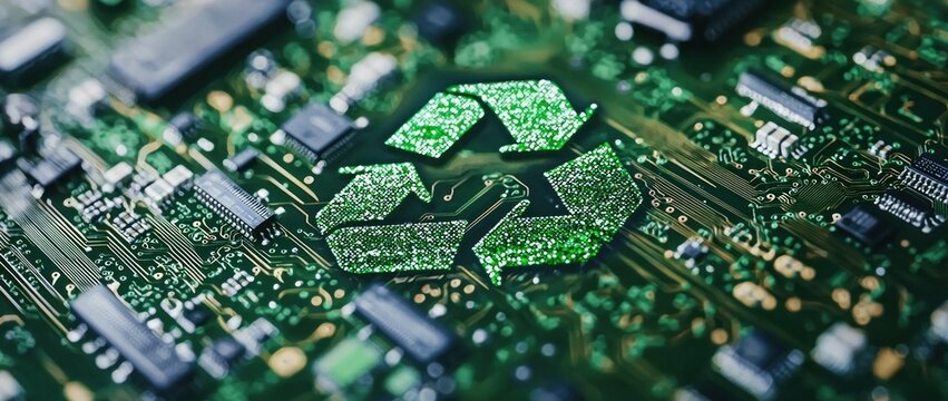 Green recycling symbol on a circuit board representing sustainable technology and eco friendly practices in the tech industry