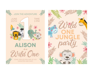 Cute Jungle AnimalsFirst Birthday Clipart. Vector illistration.