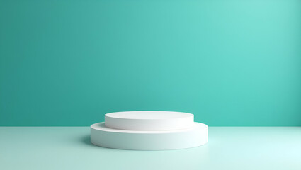 Stylish Flat White Cylindrical Podium with Two Levels for Product Display Against a Blue Green Wall - Modern Vector Illustration for Smart Business Concepts