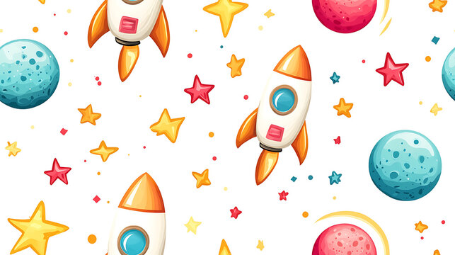 Colorful rockets and planets create fun space themed seamless pattern