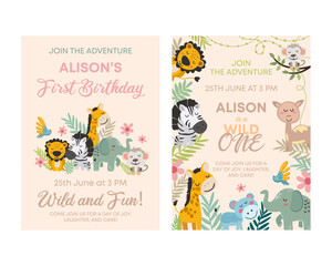 Fototapeta premium Cute Jungle AnimalsFirst Birthday Clipart. Vector illistration.