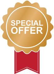 gold colored SPECIAL OFFER award banner with red ribbon