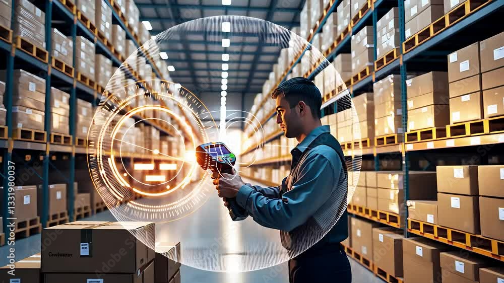 Poster warehouse worker using digital technology to scan and track inventory in a high-tech storage facilit