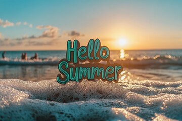 Inscription Hello Summer on the seashore on blue sky background