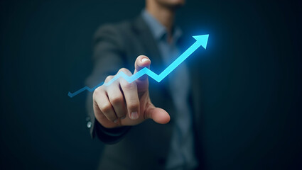 Flat Hand touching holographic progress bar with value for business growth representing increased company value growth plans and sales enhancement in empty space concept as Hand interacts with hologra