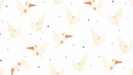 Obraz premium Flat Whimsical Bird of Paradise seamless pattern with playful elements and soft colors on white concept as Playful whimsical Bird of Paradise flowers with soft pastel colors creating fun seamless patt