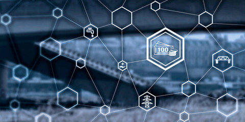 Header als Symbolbild für Infrastruktur, Icons von Geld Brücken Trinkwasser und Strom vor unscharfer eingestürzter Brücke als Header