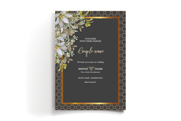 WEDDING INVITATION FRAME WITH FLOWER DECORATIONS AND FRESH LEAVES