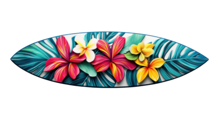 Surfboard decorated with colorful frangipani flowers and tropical leaves on transparent background