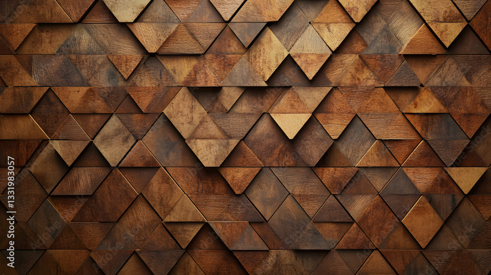 Poster Triangular, Soft sheen Mosaic Tiles arranged in the shape of a wall. Wood, Timber, Blocks stacked to create a 3D block background. 3D Render