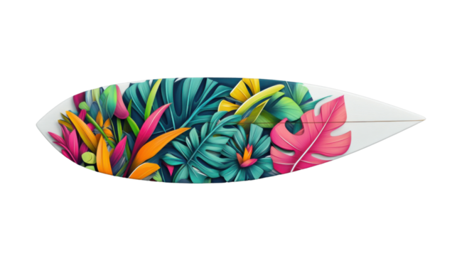 White surfboard decorated with colorful tropical leaves on transparent background