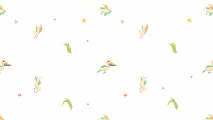 Playful Whimsical Bird of Paradise Seamless Pattern: Soft Pastel Colors and Fun Elements for Creative Projects in Simple Flat Cute Vector Illustration Style