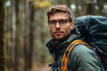 Adventurous man with glasses in forest, wearing backpack and jacket