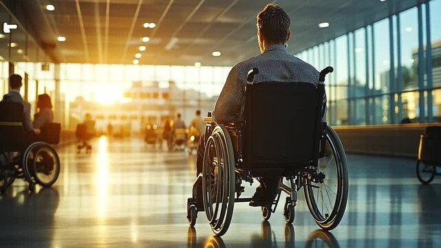 A wheelchair user enjoying a sunset view in a spacious modern building during late afternoon