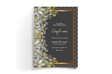 WEDDING INVITATION FRAME WITH FLOWER DECORATIONS AND FRESH LEAVES