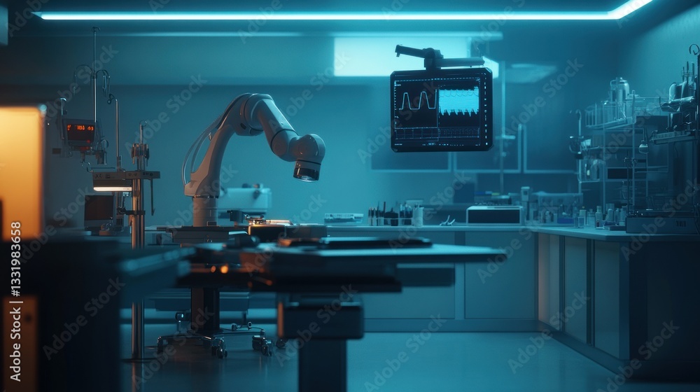 Poster a robotic arm performs work in a modern laboratory setting
