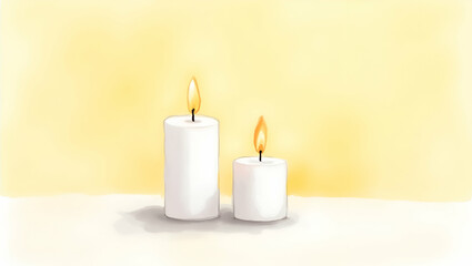 Elegant Watercolor Painting of Two White Candles on Yellow Background
