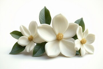 Obraz premium Magnolia blossoms elegantly arranged against a white backdrop, perfect for botanical art, spring events, wedding invitations, or home decor.