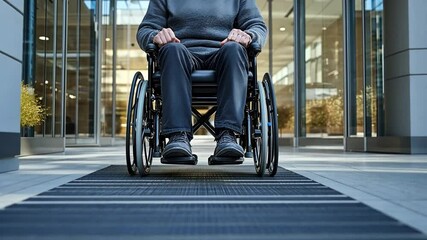 A man in a wheelchair navigates an outdoor entrance mat on a sunny day at a modern building