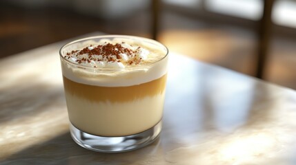 A layered coffee beverage with whipped cream and cocoa powder